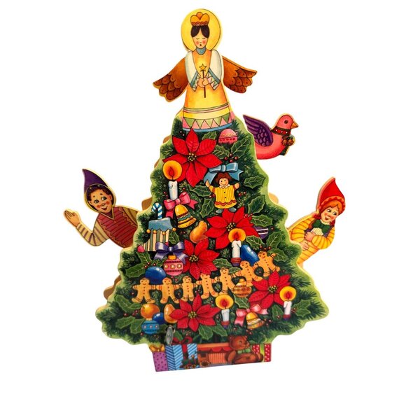 Vintage Wooden Musical Animated Christmas Tree Angel Elves Gingerbread Decor 14" - Picture 5 of 8